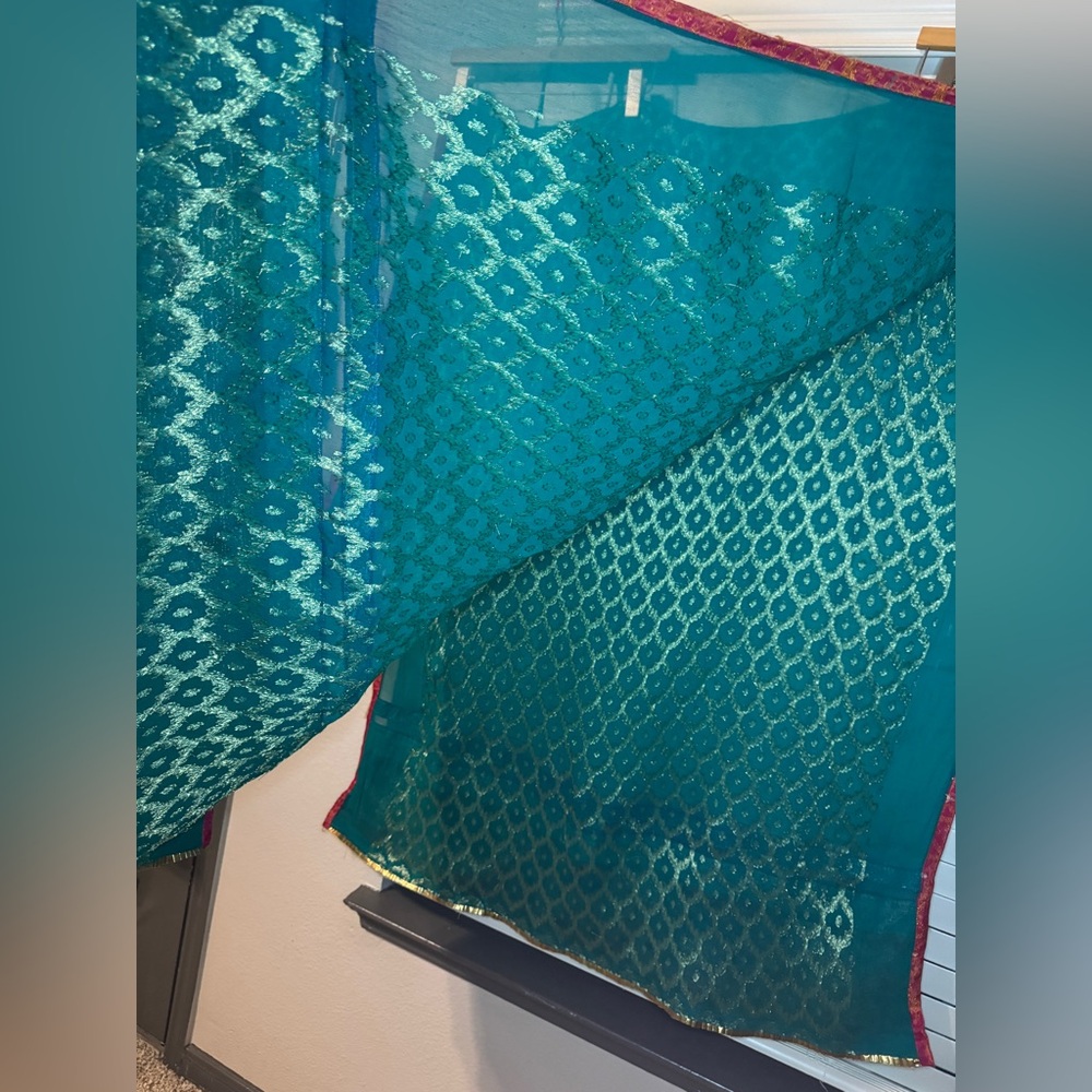 Indian Dupatta Teal Gold Pink Embroidered Zari Sheer Scarf Shawl Wrap - Picture 6 of 9